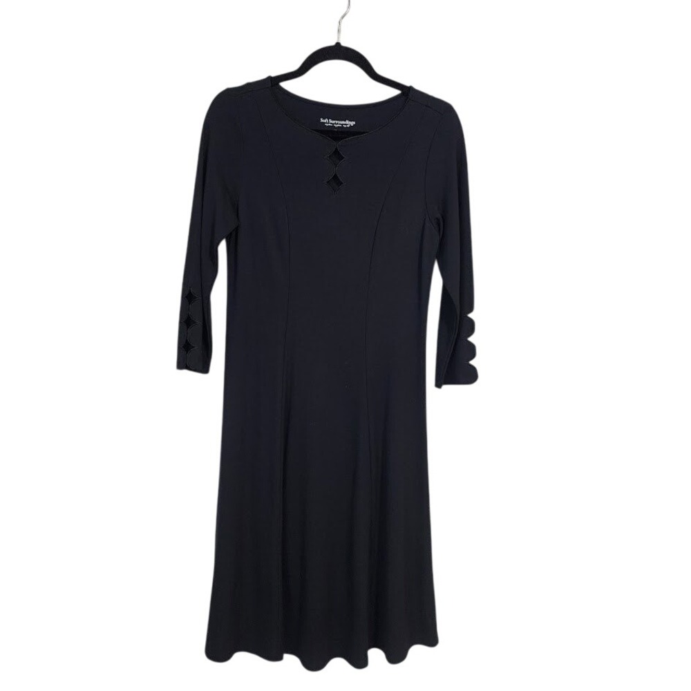 SOFT SURROUNDINGS Scalloped Cutout Black Midi Dress Fit Flare Minimalist XS